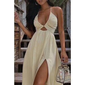 Micas Cream Crinkle Textured Cut Out Maxi Dress Slit Resort Summer Chic M